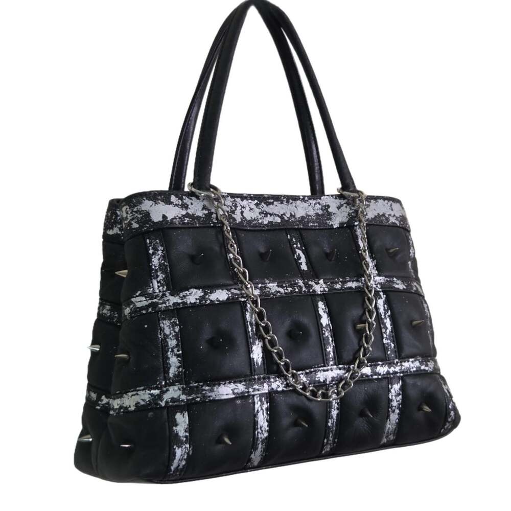 Custom Creore Black Silver Leaf Distressed Spiked Studded Tote Shoulder Handbag